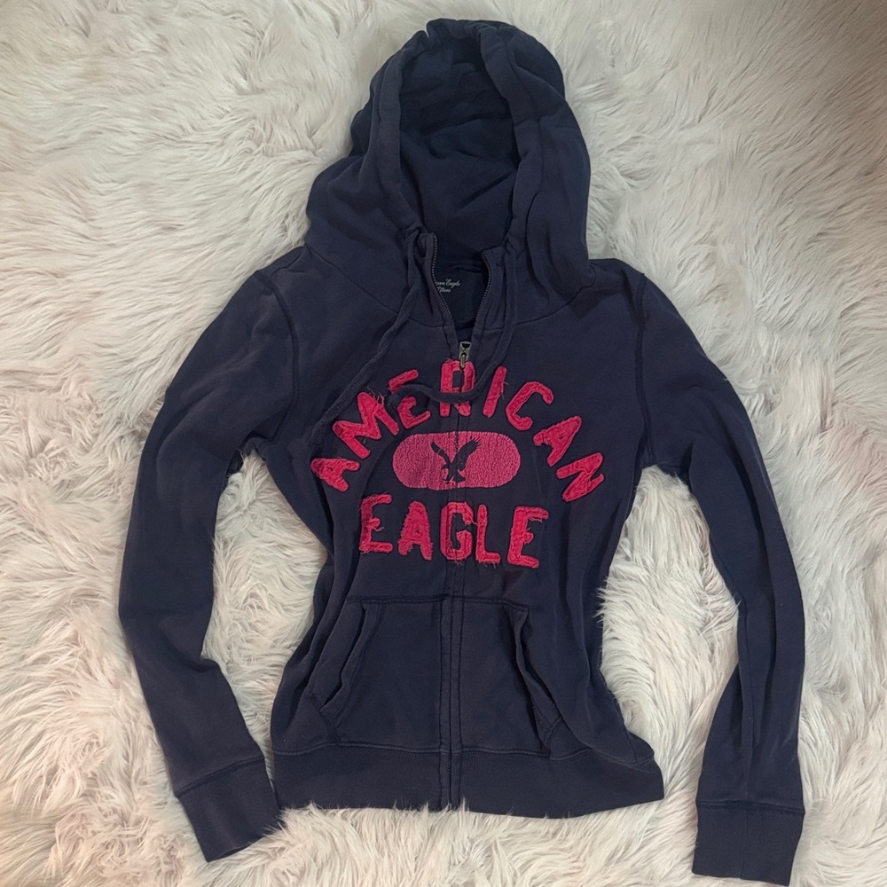 American Eagle Outfitters Old School Dark Blue Hoodie with Red Accents